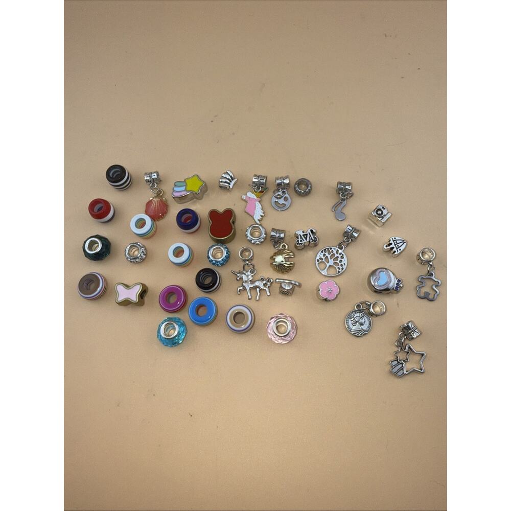 Lot of 37 Costume Dangle Charms & Bead Charms Silver Tone